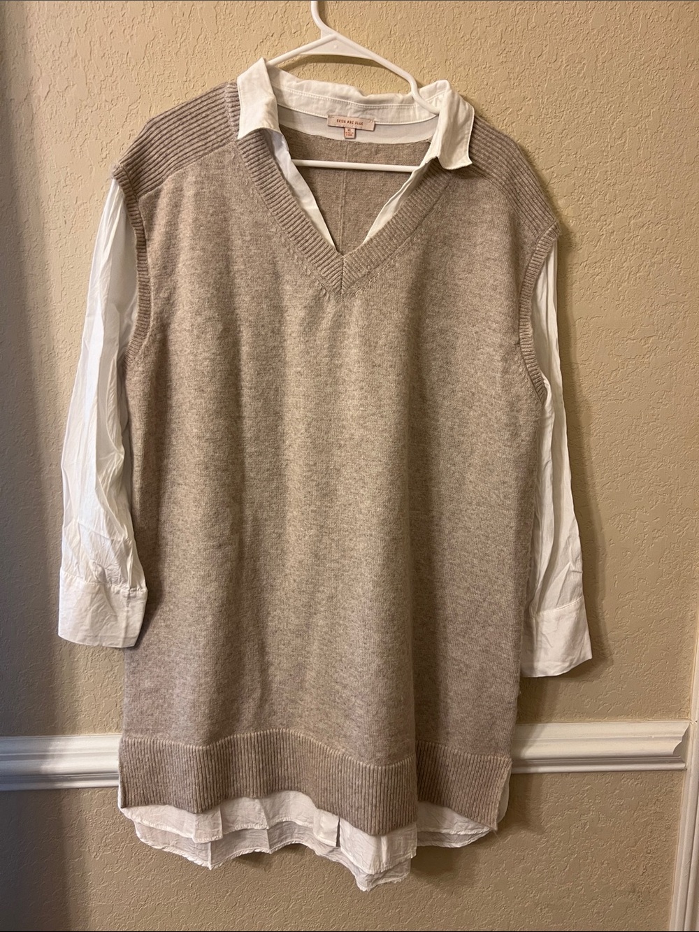Skies Are Blue Taupe V-Neck Sweater Vest with White Shirt Layer